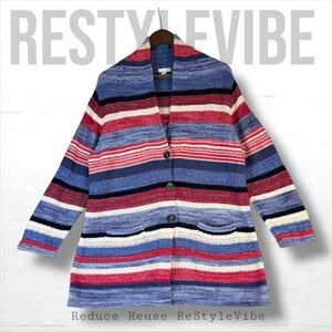 J JILL Women’s Size L PETITE Sweater Cardigan Button Closure Striped Linen Blend